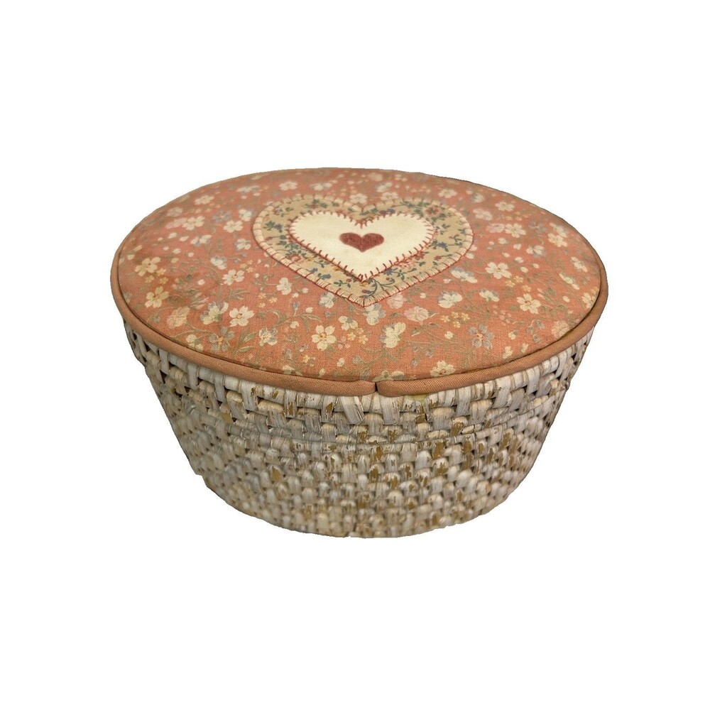 Vintage Oval Storage Basket Padded Fabric Heart Lid Cottagecore GrandmaCore